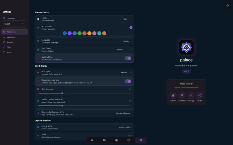 Appearance settings: theme, accent colours, Material You