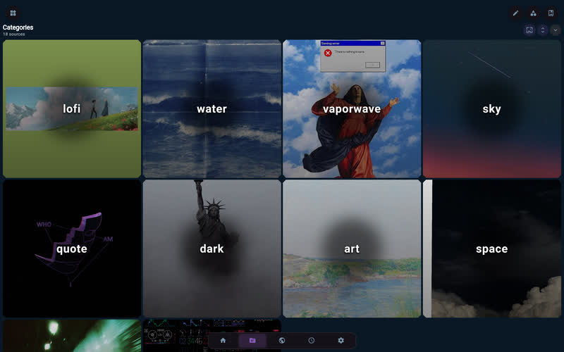 Sources browser: eighteen community categories, each a living wallpaper pack